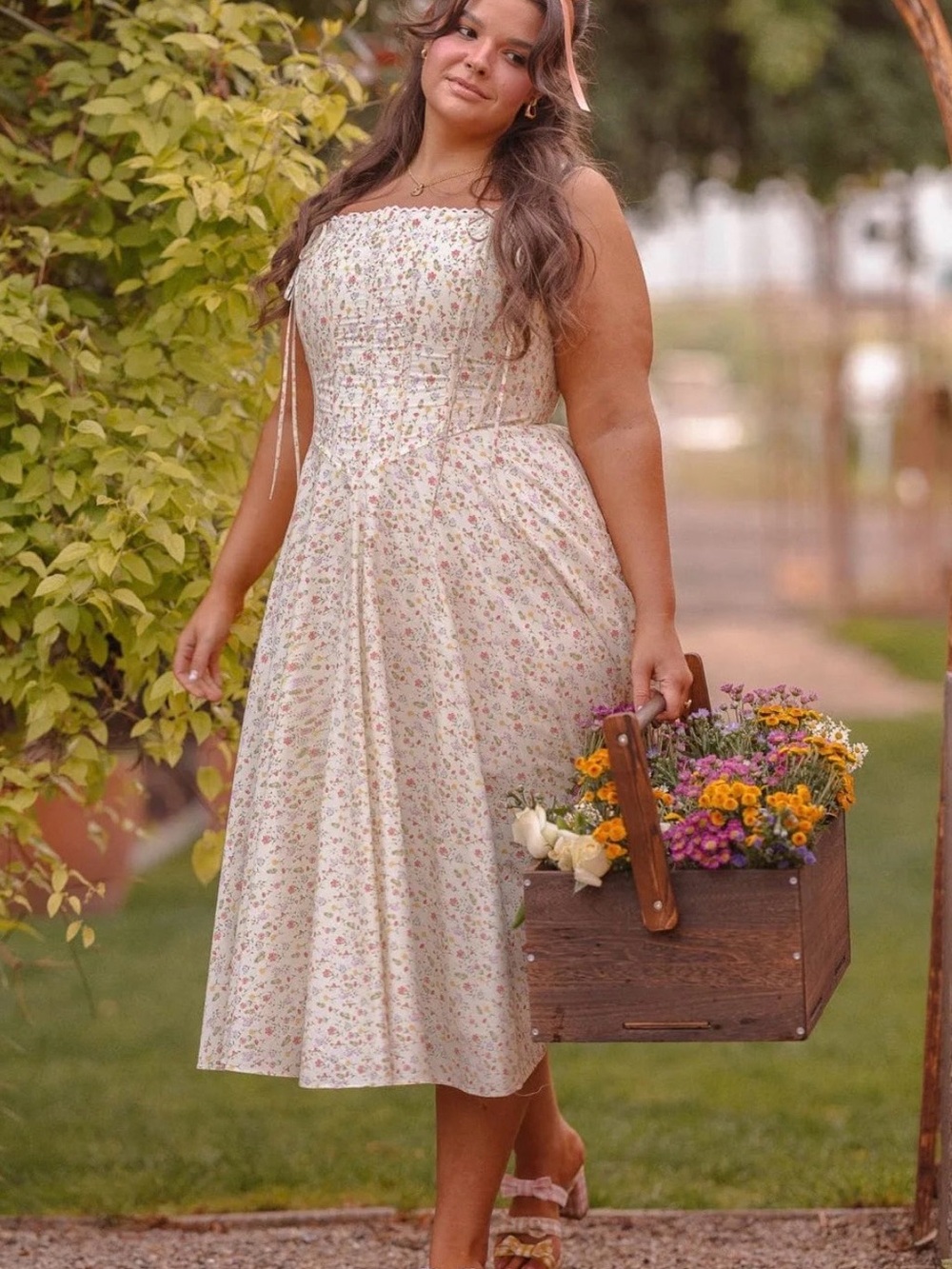 JessaKae Elise Cream Floral Smocked Midi Dress